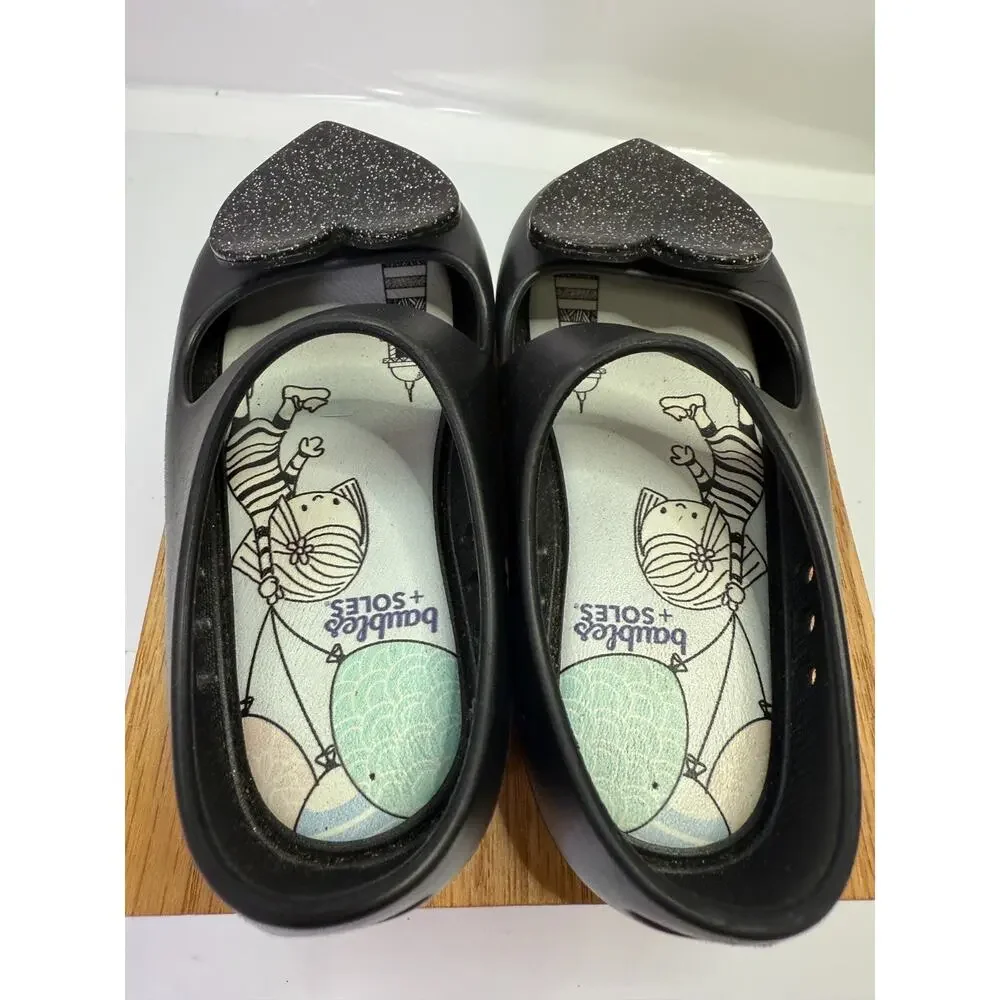 Baubles + Soles Black Heart Jelly Shoes Glitter Slip On Mary Jane Kids Size 8